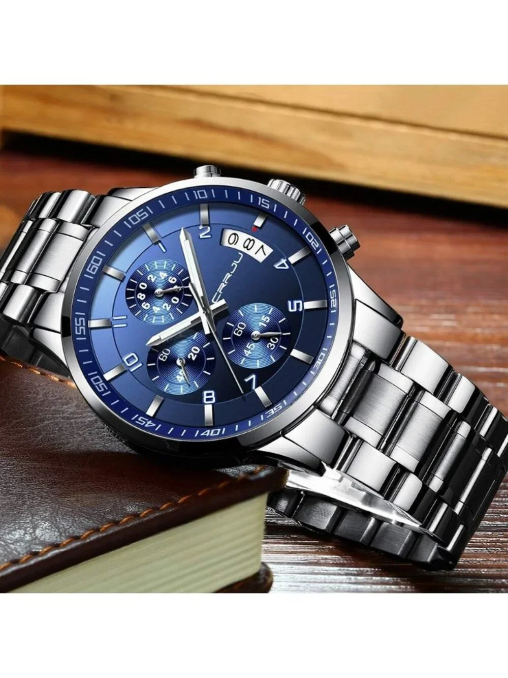 Men's Silver And Blue Analog Stainless Steel Waterproof Chronograph Wrist Watch